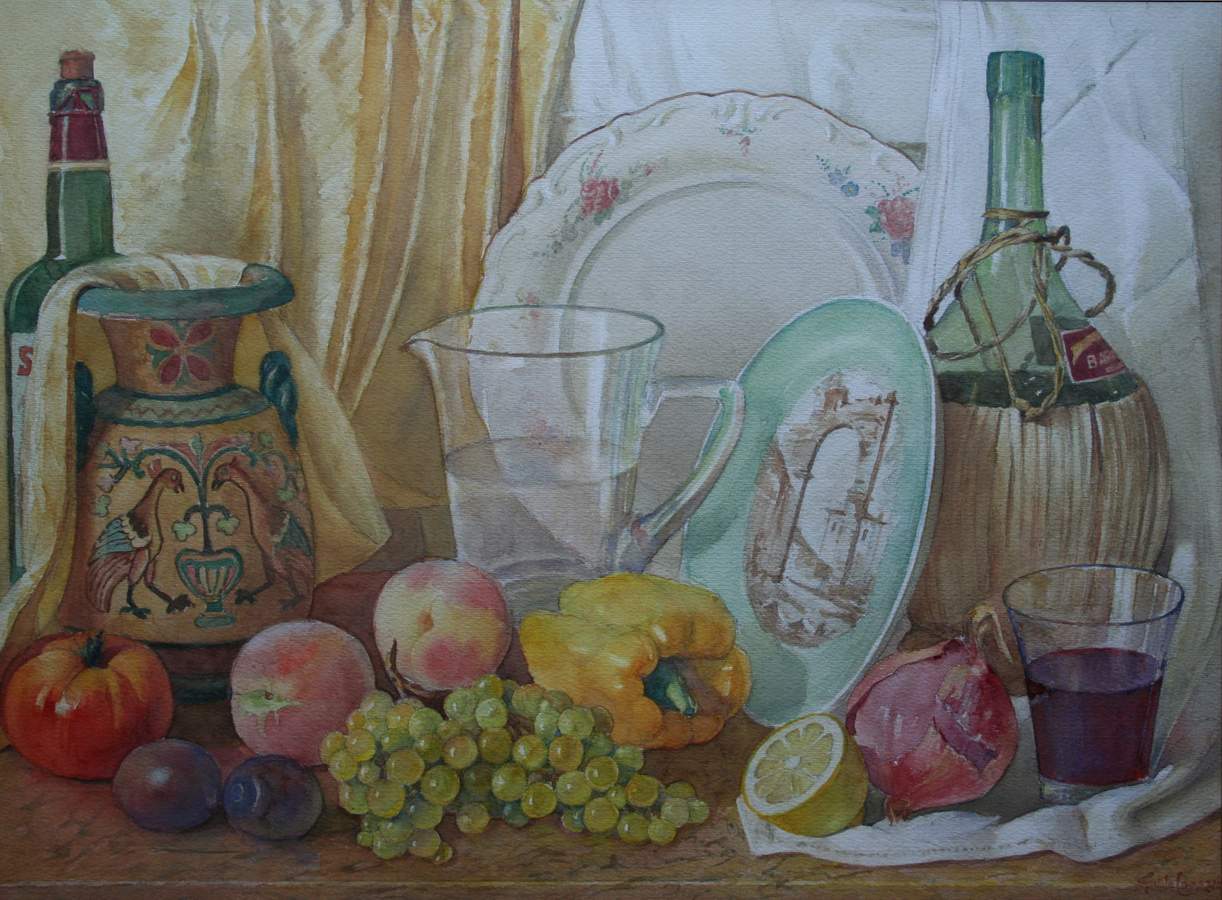 Acquerello Composizione Frutta e Fiasco_39x53