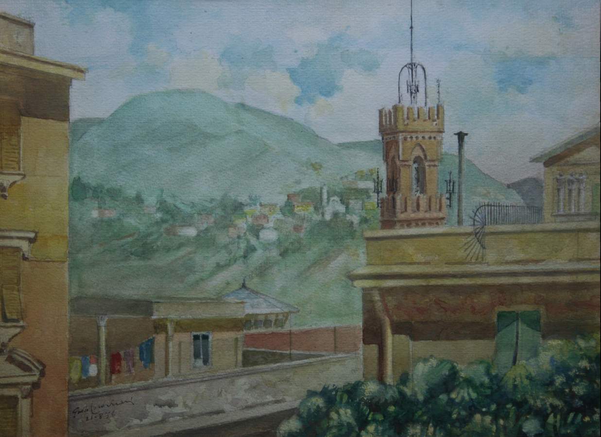 Acquerello Paesaggio con torre_33x24